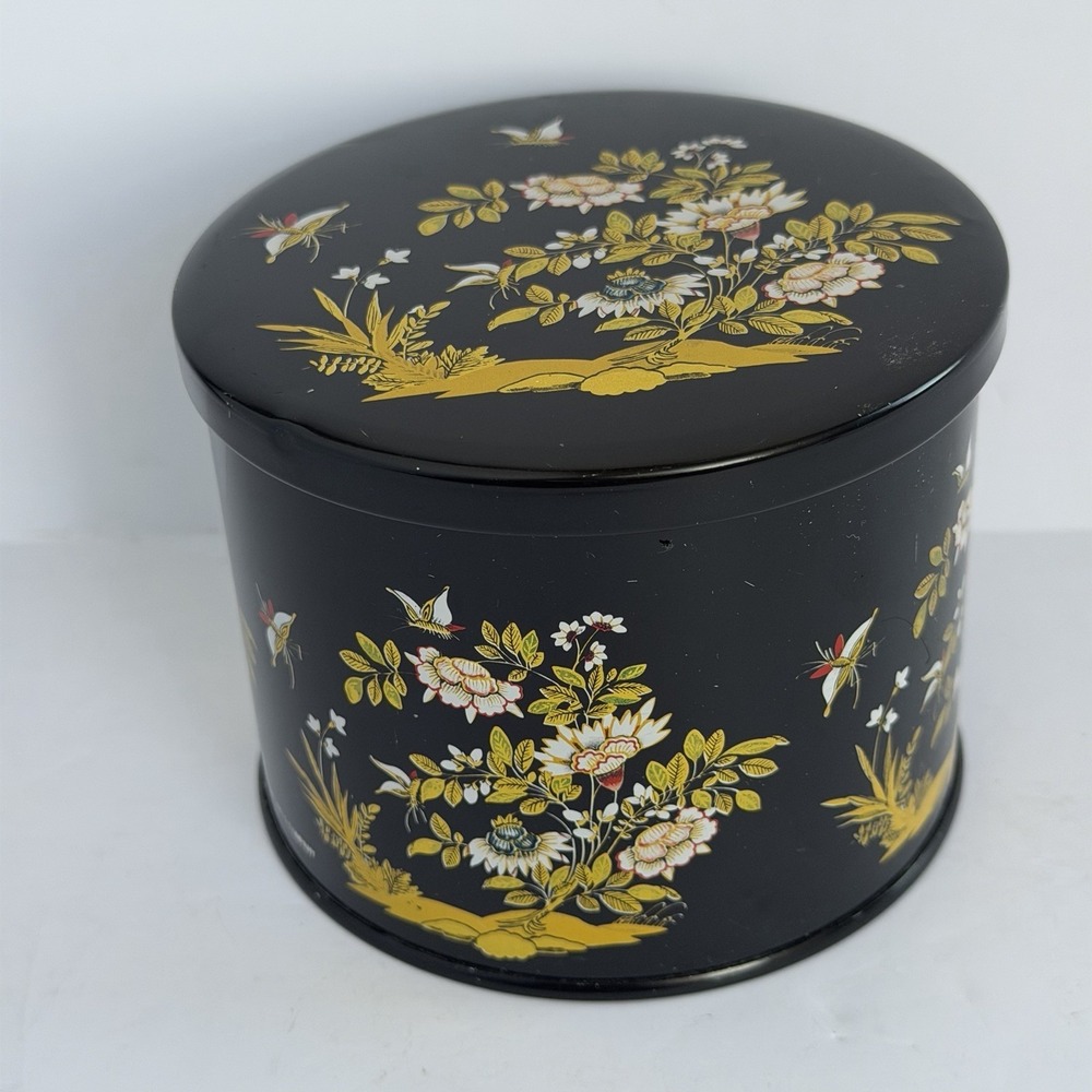 VTG Black & Gold Floral Midcentury Tin W/ lid, Asian Design Floral Trinket Box